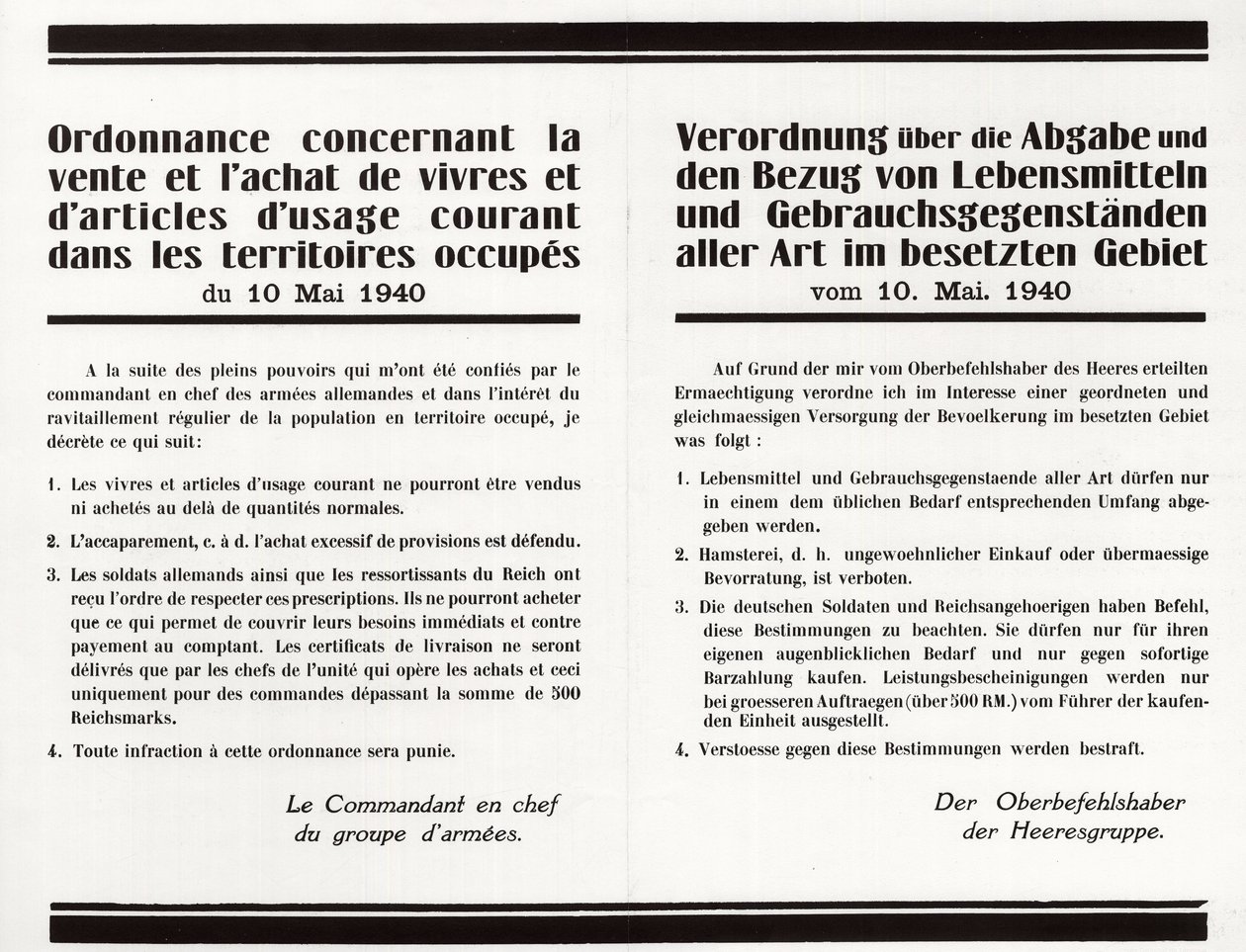 "Portaria relativa à compra e venda de alimentos e artigos de uso comum nos territórios ocupados" - cartaz bilíngüe franco-alemão de Anonymous Anonymous