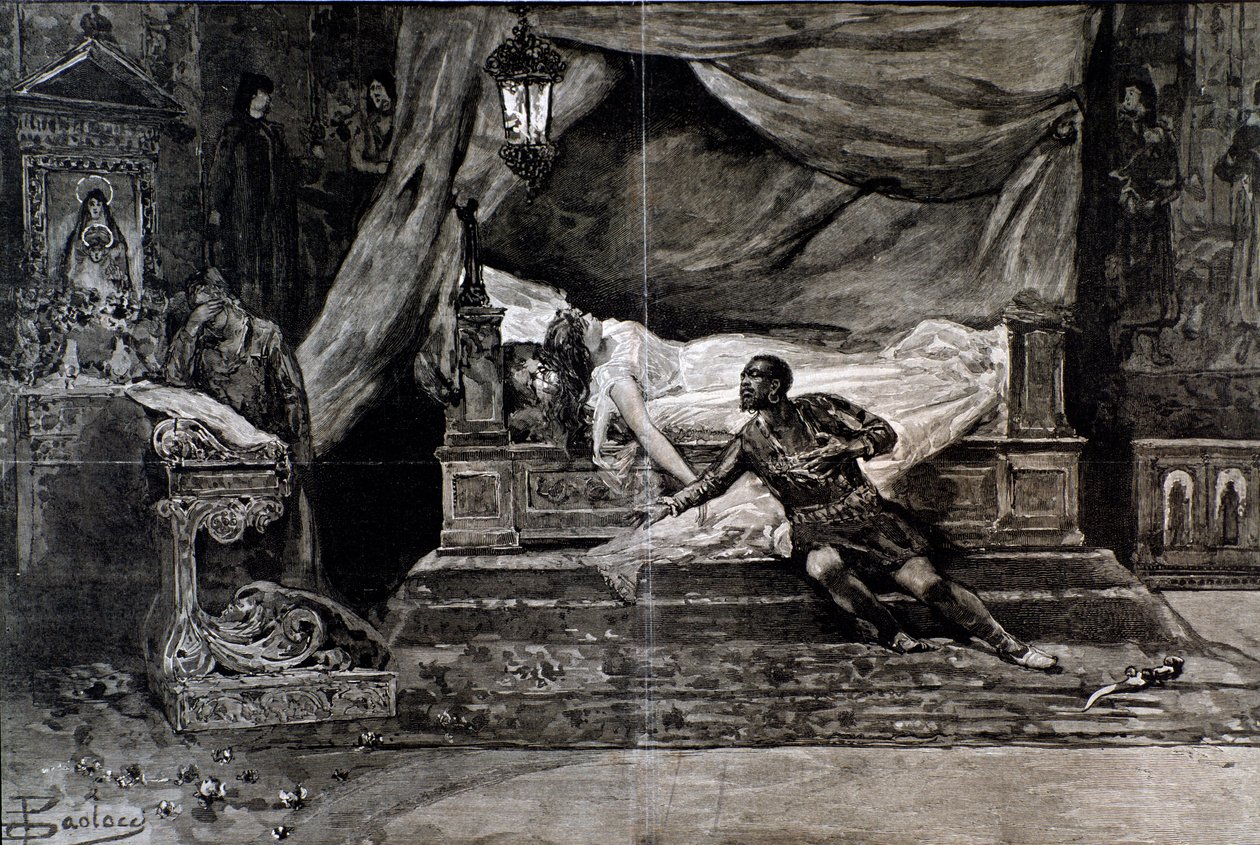 Otello suicida-se perto do corpo de Desdemona. Ilustração da última cena de Otello, ópera de Giuseppe Verdi de Anonymous Anonymous