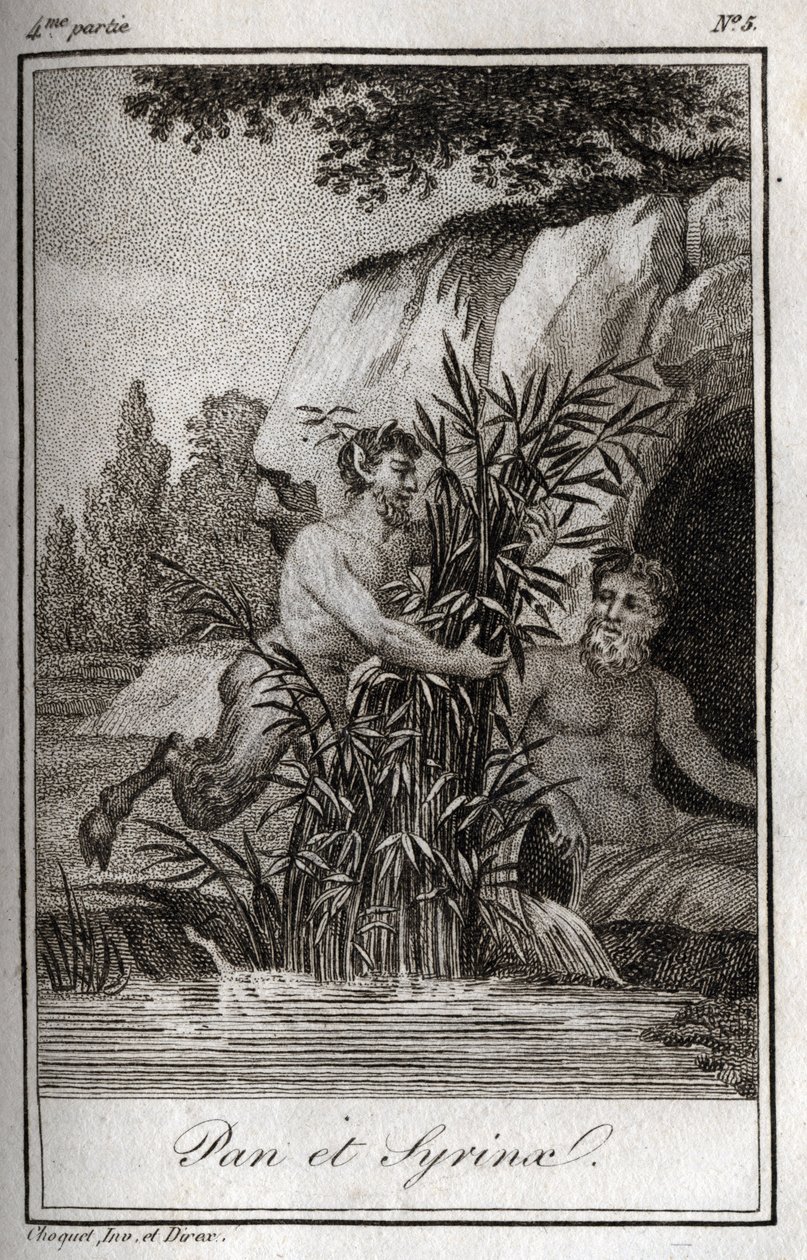 Pan e a ninfa Syrinx transformadas em canas (Pan e Ninfa Syrinx). Gravura de 1819 em "Lettres a Emilie sur la mythologie" de Charles Albert Demoustier (1760-1801). Coleção privada. de Anonymous Anonymous