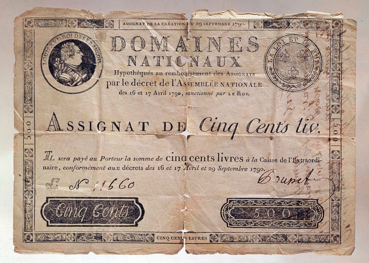 Papel emitido durante a Revolução Francesa: uma atribuição de 500 libras a partir de 1790. Coleção privada de Anonymous Anonymous