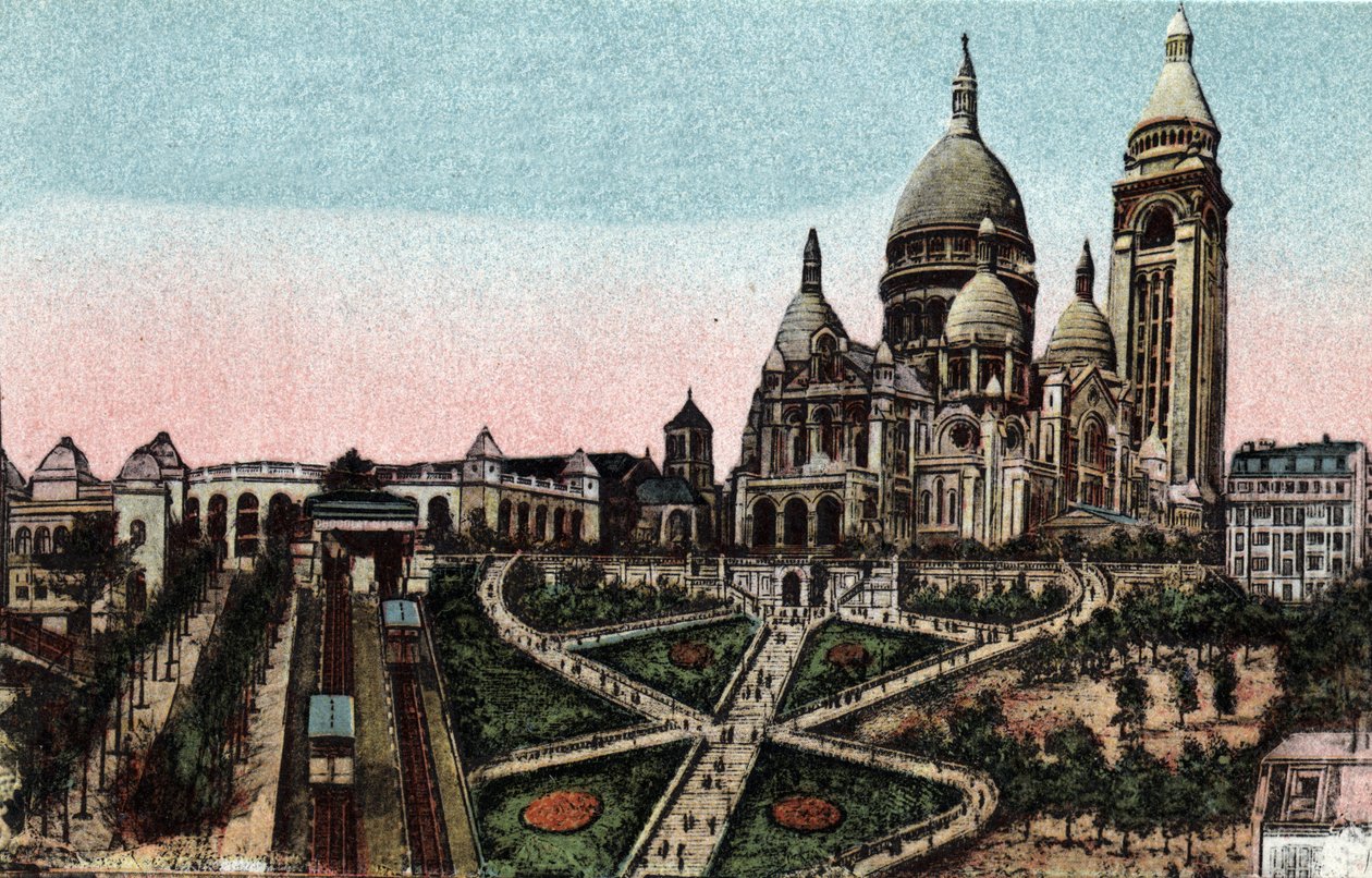 Paris: funicular e basílica do Sacre Coeur (Sacre-Coeur) no Butte Montmartre. Fotografia de 1920 no "Álbum Artístico" da cidade de Paris. Coleção particular. de Anonymous Anonymous
