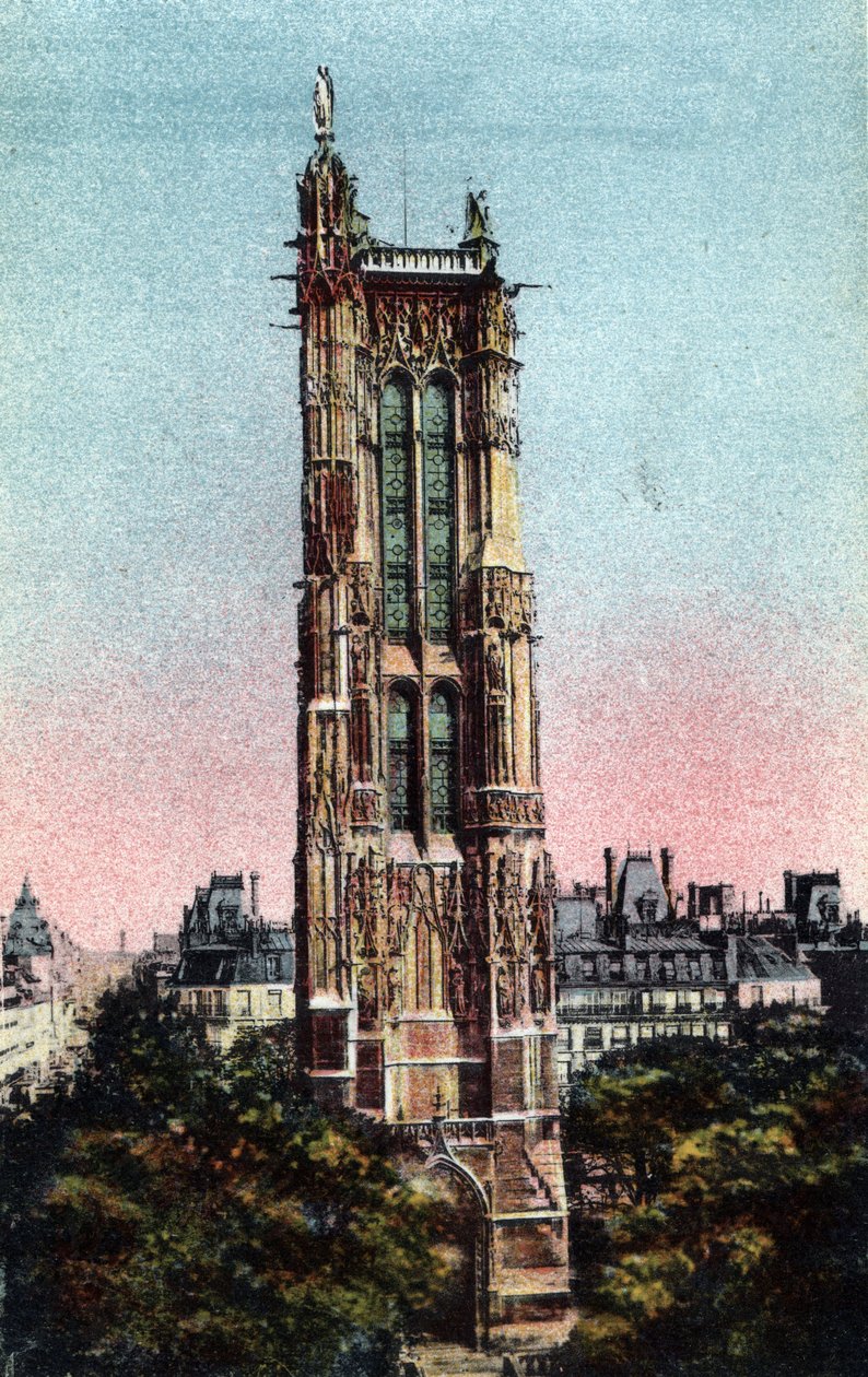 Paris: a Torre Saint Jacques (Saint-Jacques) realizada em 1523. Fotografia de 1920 no "Álbum Artístico" da cidade de Paris. Coleção particular. de Anonymous Anonymous