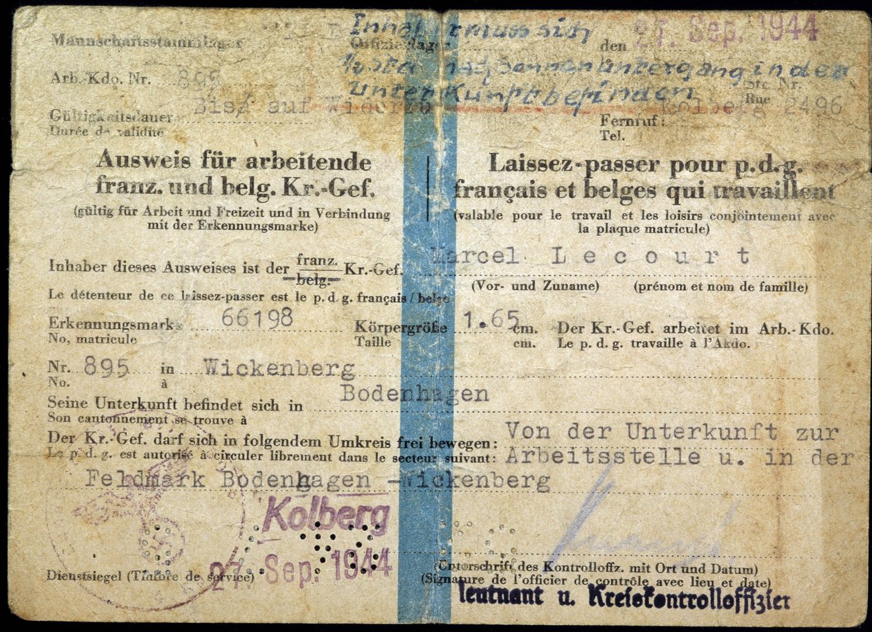 Passaporte da Segunda Guerra Mundial, "Passaporte" para o CEO francês e belga que trabalha", 25/9/1944. de Anonymous Anonymous