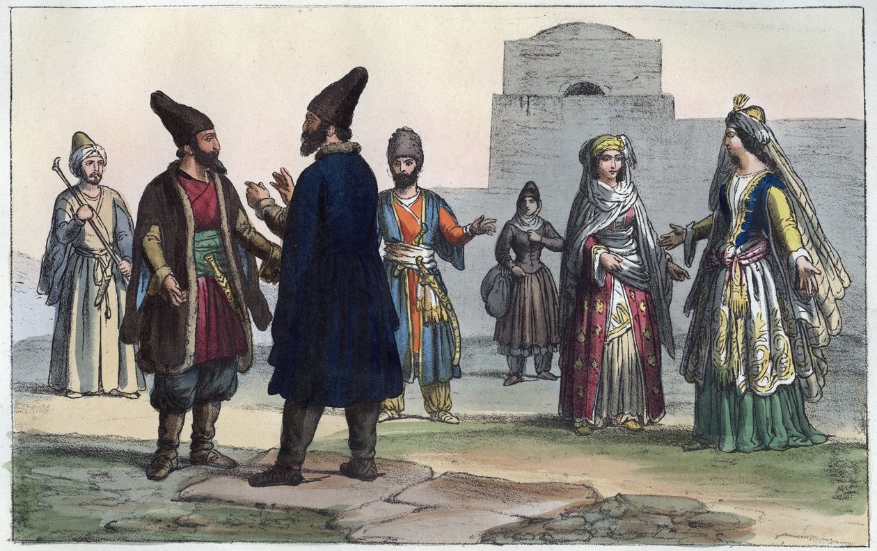 Roupas persas no século XIX - gravura de "Usos e costumes de todos os povos do Universo". Ou História do Governo, Leis, Milícias, Religião de todas as Nações desde os tempos mais remotos até ao dia de hoje" 1856 de Anonymous Anonymous