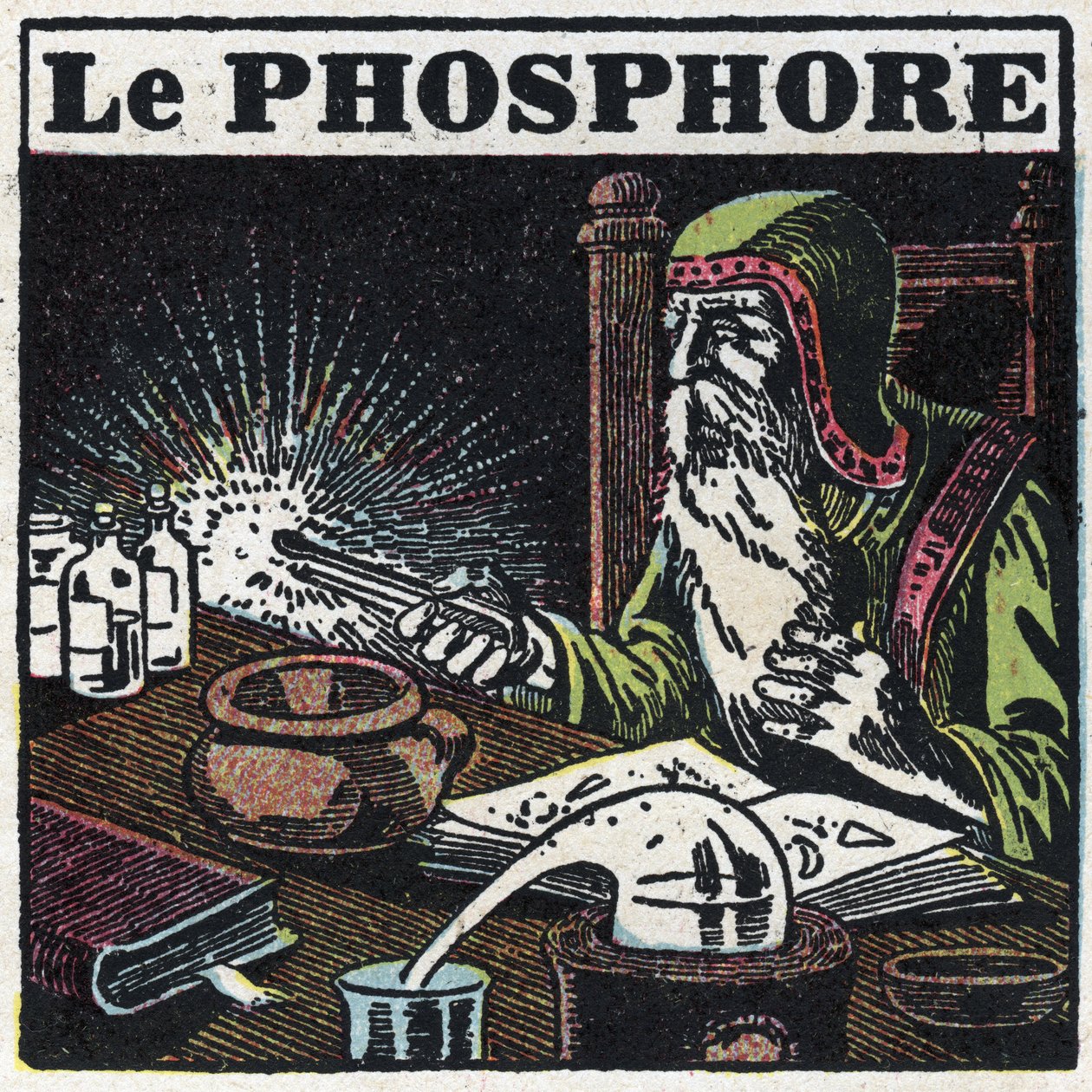Fosforescência: fósforo. Um alquimista à procura da pedra filosófica no seu laboratório. Ilustração anónima de 1925. Coleção particular. de Anonymous Anonymous