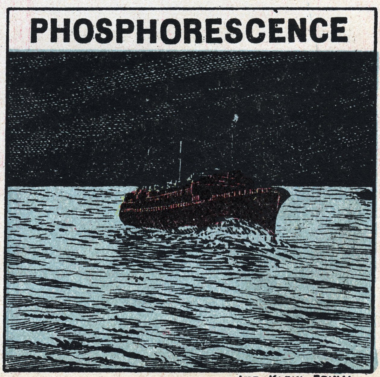 Fosforescência: o rasto de um barco deixa uma marca luminosa à noite quando passa no meio de um banco de animais fosforescentes chamados infusórios "noctiluques". Ilustração anônima de 1925. Coleção particular. de Anonymous Anonymous