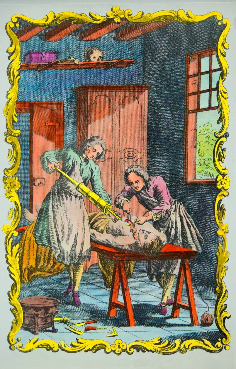 Médico estudando o movimento do sangue: frontispício do "memoire sur le mouvement du sang et sur les effets de la seaignee" de Albrecht von Haller (1708-1777) 1756, Collection Privee de Anonymous Anonymous