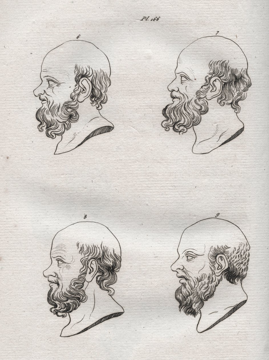 Fisiognomia - Fisiognomonia - Várias cabeças do filósofo grego Sócrates (ca. 469 AC-399 AC) (Busto de Sócrates (ca. 469 AC-399 AC), filósofo ateniense) gravura de 1808 em "A arte de conhecer os homens através da fisionomia" de Johann Gaspar (Gaspard) Lavat de Anonymous Anonymous