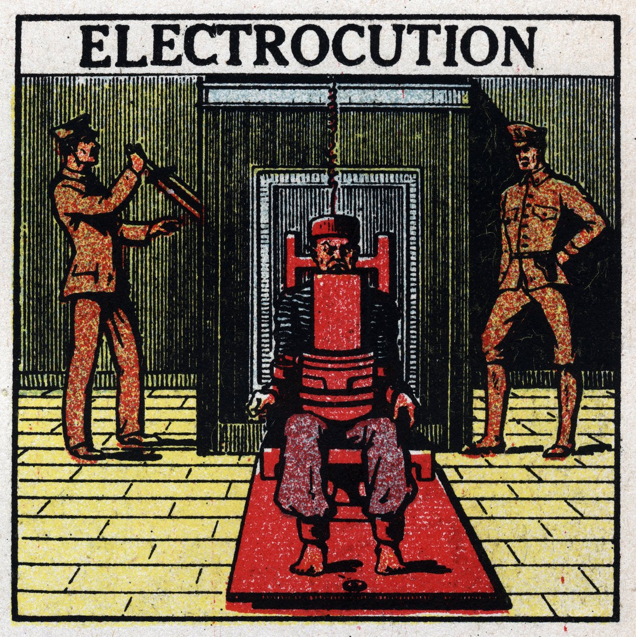 Efeitos fisiológicos da eletrocussão: eletrocussão de uma sentença de morte por meio de uma cadeira elétrica em um penitenciador nos Estados Unidos. Ilustração anônima de 1925. Coleção privada. de Anonymous Anonymous