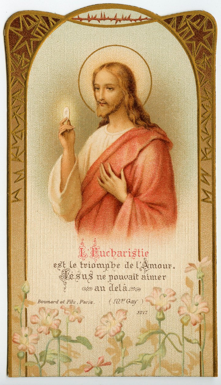 Imagem piedosa: Eucaristia, Jesus segura o pão sacramental (cromolitografia) de Anonymous Anonymous