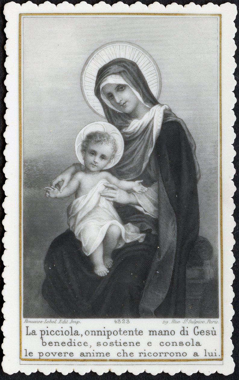 Imagem piedosa: Jesus como uma criança nos braços de sua mãe Maria (gravura) de Anonymous Anonymous
