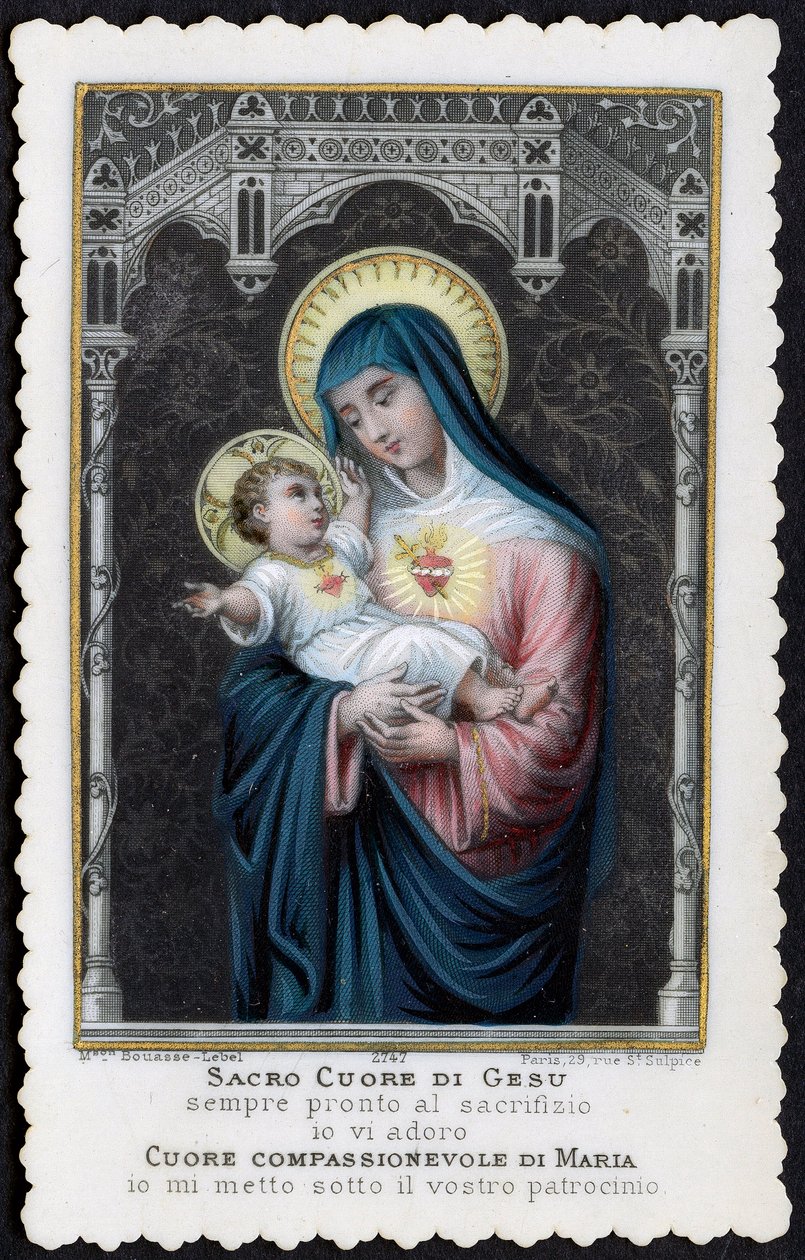 Imagem piedosa: Jesus como criança nos braços de sua mãe Maria, com o Sagrado Coração (gravura) de Anonymous Anonymous