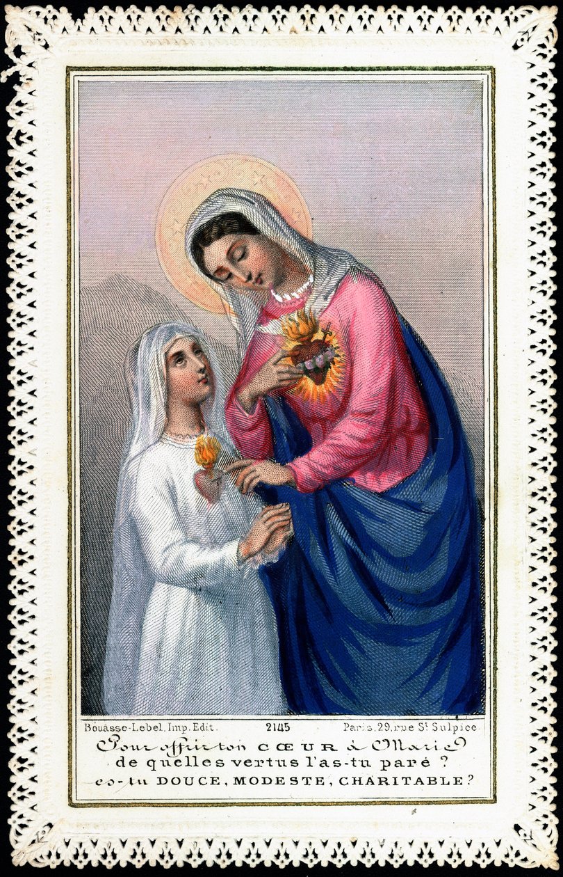 Imagem piedosa: Menina em vestido de comunhão oferecendo o seu coração à Virgem Maria. "Para oferecer o teu coração a Maria, das virtudes que o adornas, és doce, modesta, caridosa" cartão Dentelee. Século XIX. Coleção Particular de Anonymous Anonymous
