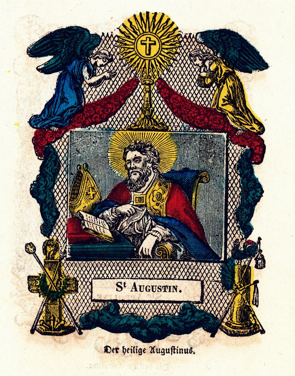 Imagem piedosa: Santo Agostinho (Agostinho de Hipona (354 - 430), eveque e doutor da Igreja, autor da Regra de Santo Agostinho e das Confissões). Gravura da Coleção Privada do século XIX de Anonymous Anonymous