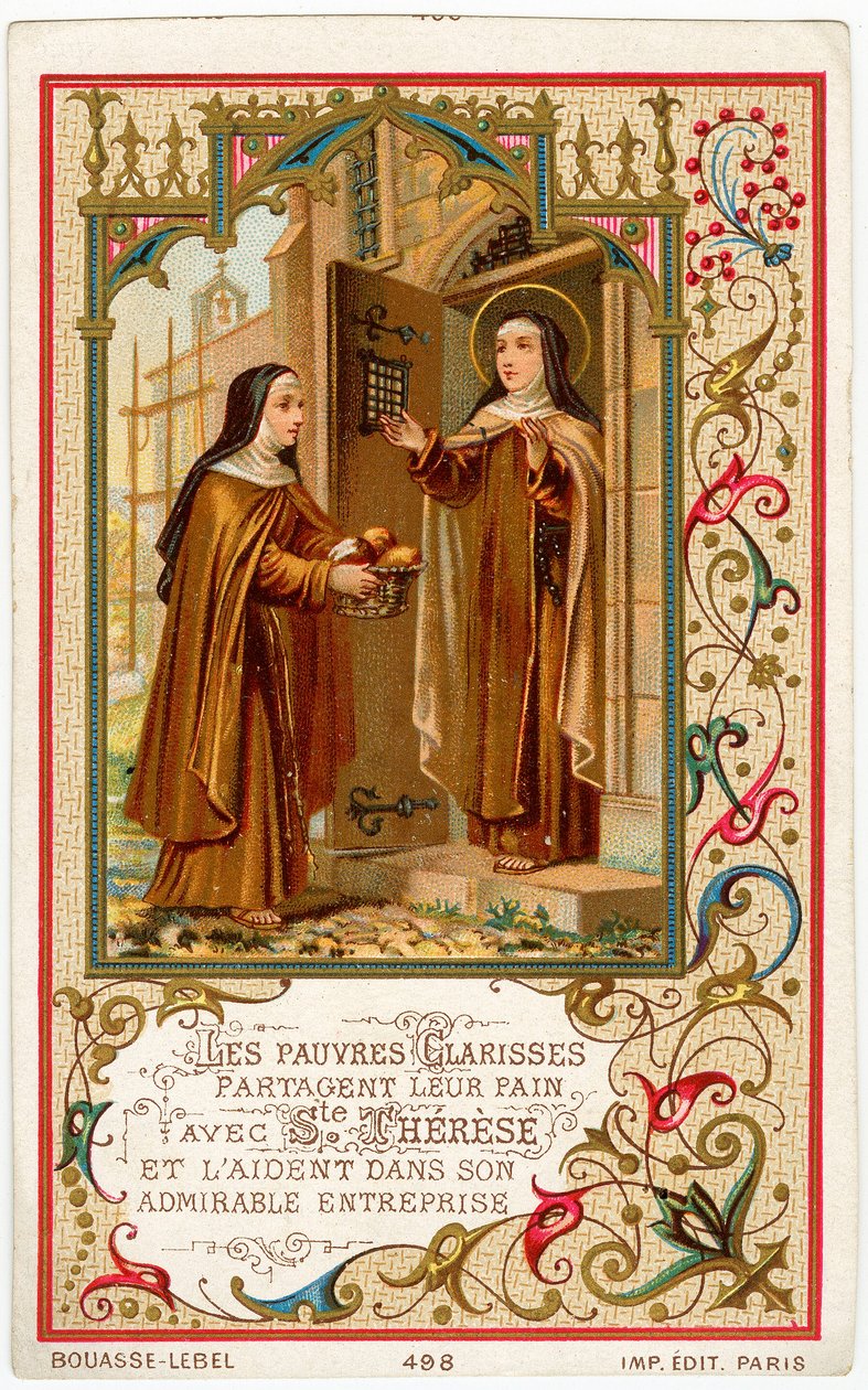 Imagem piedosa: Santa Teresa de Jesus recebe ajuda e pão das Clarissas (cromolitografia) de Anonymous Anonymous