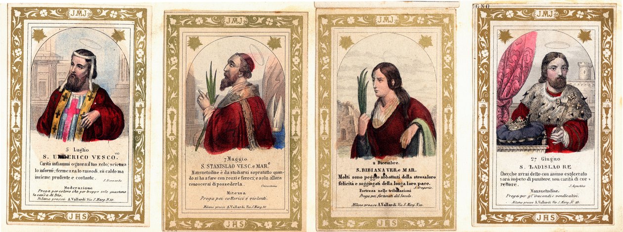 Imagem piedosa: "St. Ulrich de Augsburg, St. Stanislaus, St. Bibiana, St. Ladislas I da Hungria" Cartão de colecção privada de Anonymous Anonymous