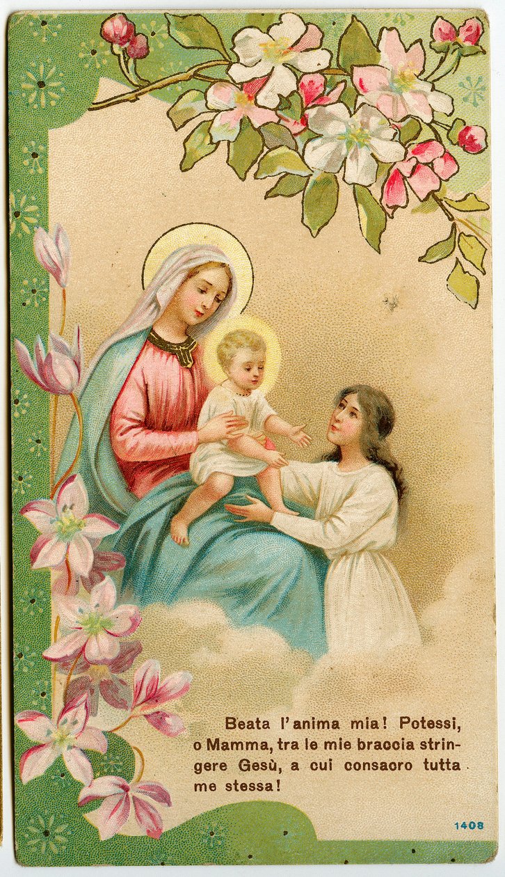 Imagem piedosa: Virgem com criança, uma menina piedosa toma Jesus em seus braços (cromolitografia) de Anonymous Anonymous