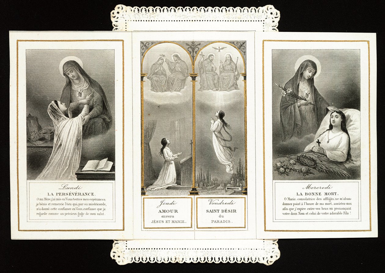 Imagem piedosa: "perseverança, amor para com Jesus e Maria, o Santo Desejo do Paraíso, a Boa Morte" Cartão Dentelee em tryptic. Coleção Particular do século XIX de Anonymous Anonymous