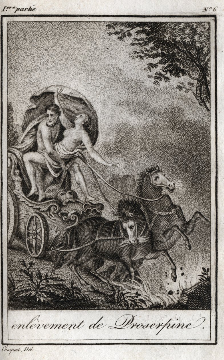 Plutão (Hades) toma Persephone (Prosérpina) na frente de sua mãe, Ceres (Demeter), e o leva para o reino do Submundo. Plutão transporta Perséfone para o seu reino, o submundo, na mitologia grega. Gravura de 1819 em "Lettres a Emilie s de Anonymous Anonymous