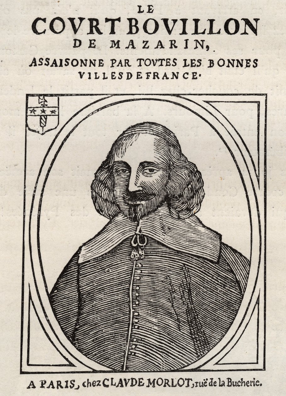 Panfletos políticos Mazarinade (panfleto político sob a funda), imagem popular contra Mazarin sobre sua aposentadoria em Bouillon (Le court broth de Mazarin). Coleção privada. de Anonymous Anonymous