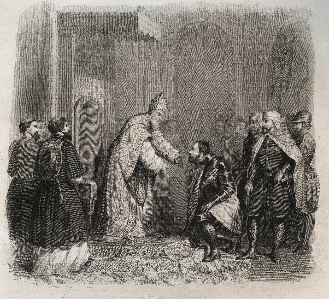 Papa S. Pio V (Pio ou Pio) (1566-1572) recebendo o vencedor da Batalha de Lepante. Gravura de 1846 em "Vidas dos Santos". Coleção privada. de Anonymous Anonymous