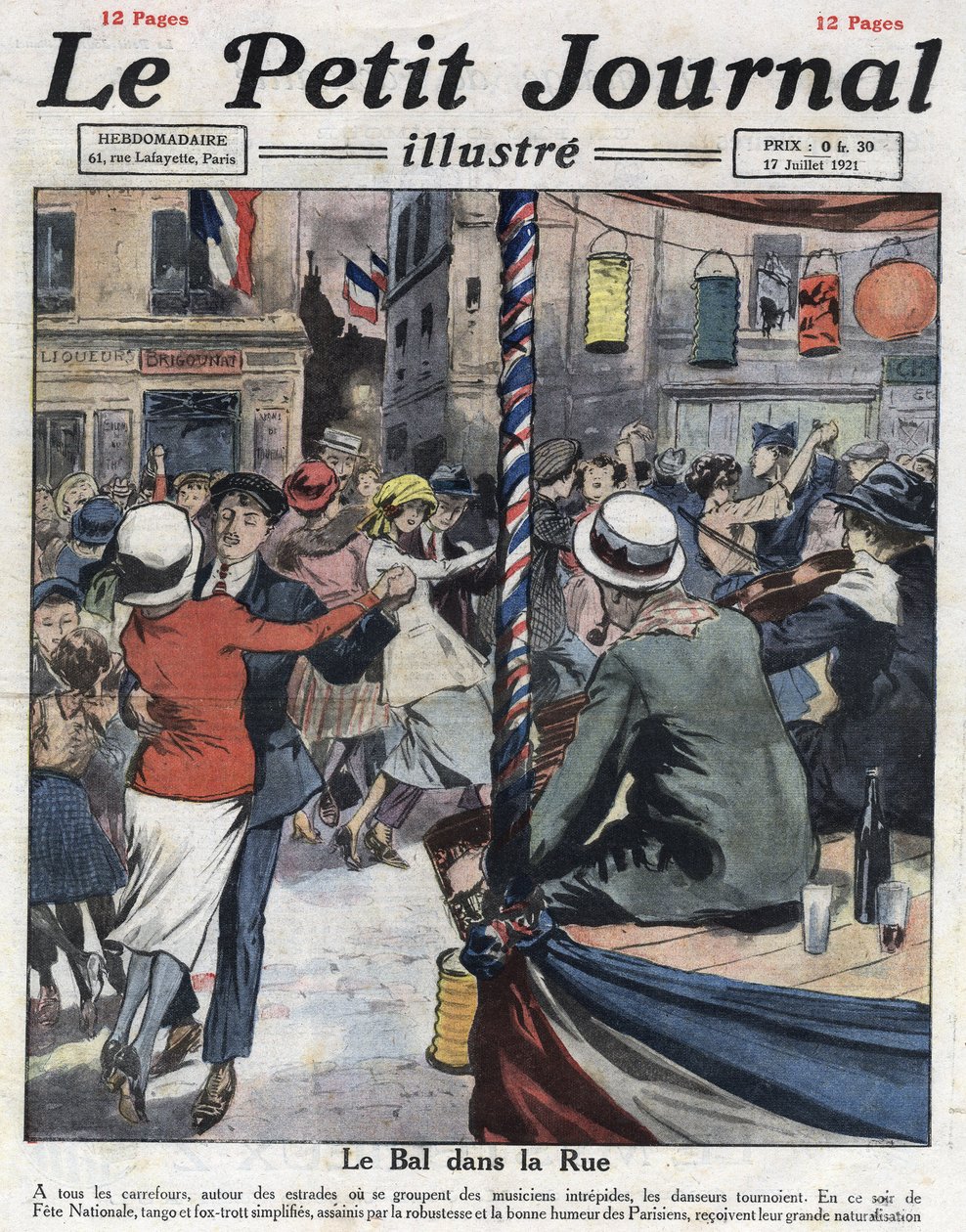 Bailes populares nas ruas de Paris por ocasião da festa nacional no dia 14 de Julho. Ilustração retirada do "Le petit journal illustrious" de 17/07/1921. Coleção Particular de Anonymous Anonymous