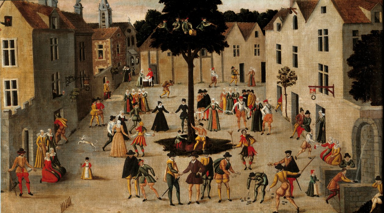 Tradição popular: "Festa popular em torno do Arbre de Mai (olmo) em Paris" Pintura anónima. Sol do século XVI. 0,7x1,3 m Paris, Musee Carnavalet de Anonymous Anonymous