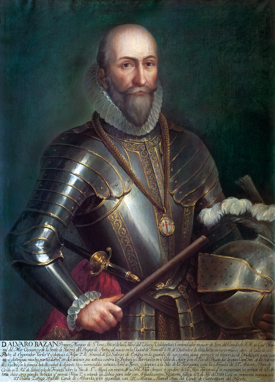 Retrato de Álvaro de Bazan y Guzman, primeiro Marquês de Santa Cruz (1526-1588), almirante e navegador espanhol. Pintura anônima, óleo sobre tela. de Anonymous Anonymous