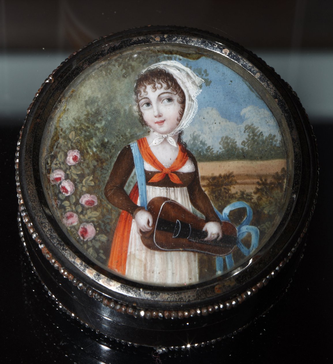 "Retrato de uma garota com aguarela Hurdy Gurdy Anonymous, coleção privada ca. 1800 de Anonymous Anonymous