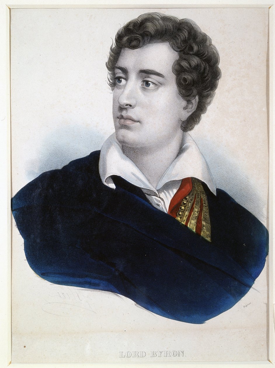 Retrato do poeta Lord George Noel Byron (1788-1824) (Retrato do poeta Lord G.N.Byron). Lithographie anonyme, rehaussee a l