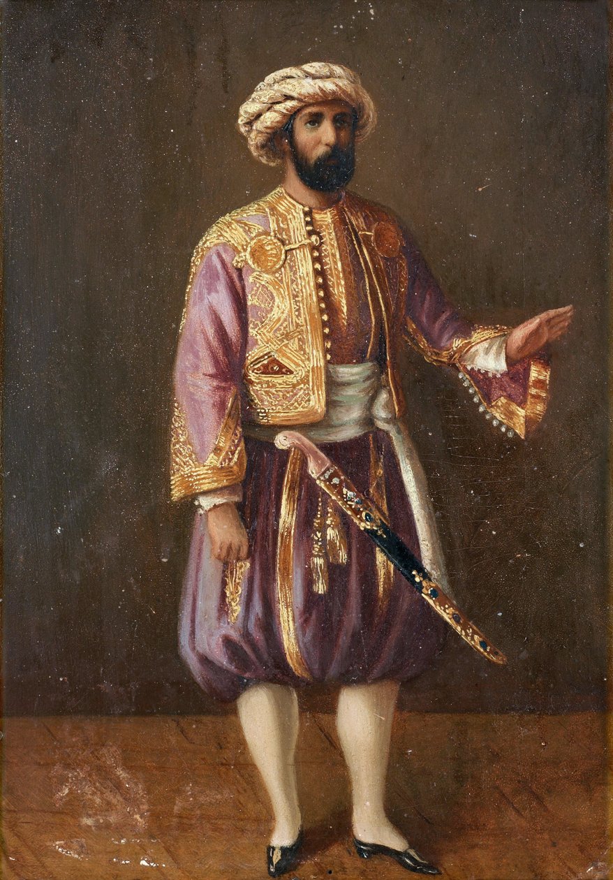"Portrait du roi de suede Charles XV (1826-1872) en figurino turco" (Retrato do Rei Charles XV da Suécia em vestido turco) Peinture anonyme 19eme siecle Dim 28,5x20,5 cm Private Collection de Anonymous Anonymous