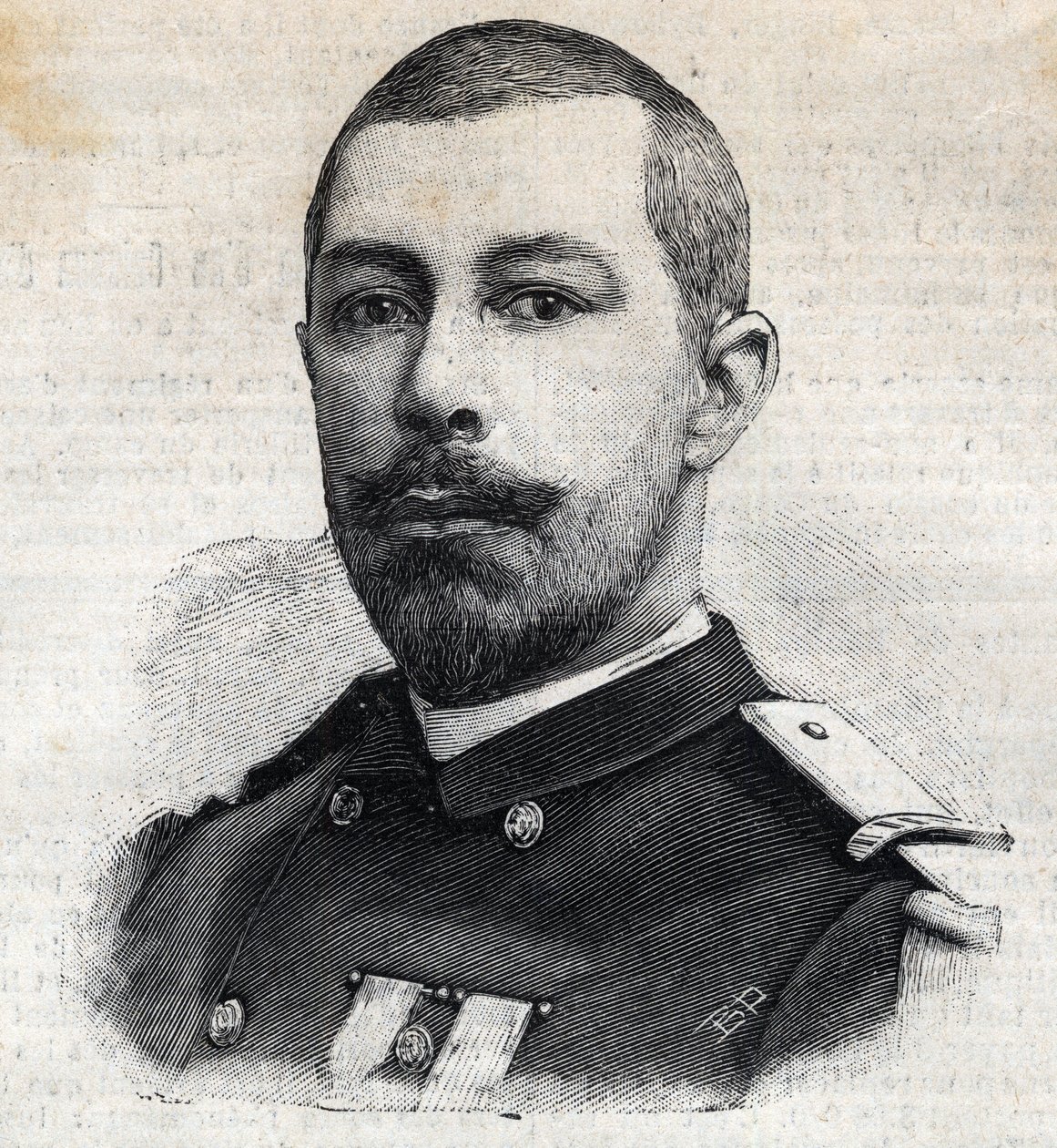 Retrato de Antoine Mizon (1853-1899), explorador francês em África. Gravura em "Le Peute Parisien" (Le Peute Parisien) de Anonymous Anonymous