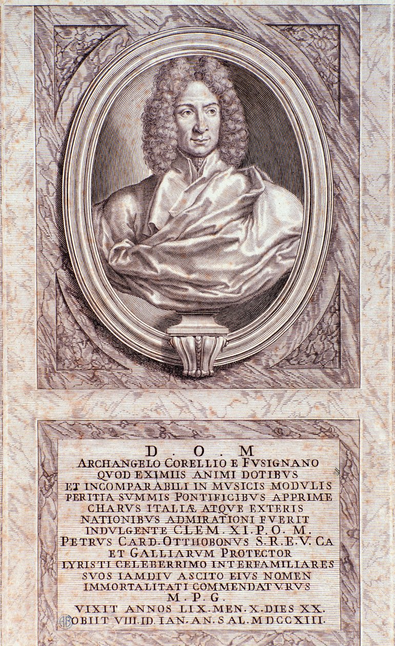 Retrato de Arcangelo Corelli (1653-1713) compositor e violinista italiano Gravura. Coleção particular milanesa do século XVIII de Anonymous Anonymous
