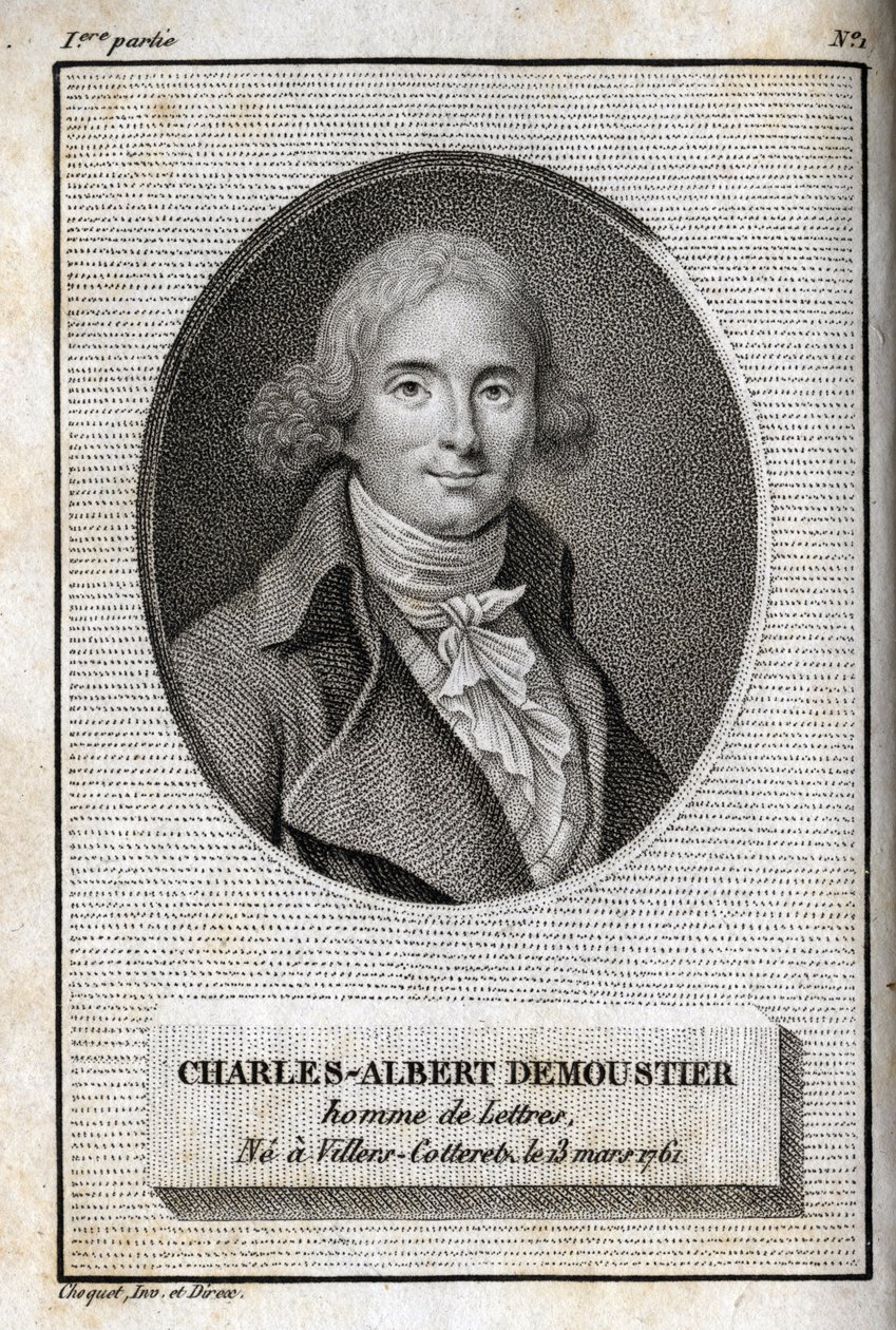 Retrato de Charles Albert Demoustier (1760-1801) escritor francês. Gravura de 1819 em "Lettres a Emilie sur la mythologie" de Charles Albert Demoustier (1760-1801). Coleção particular. de Anonymous Anonymous