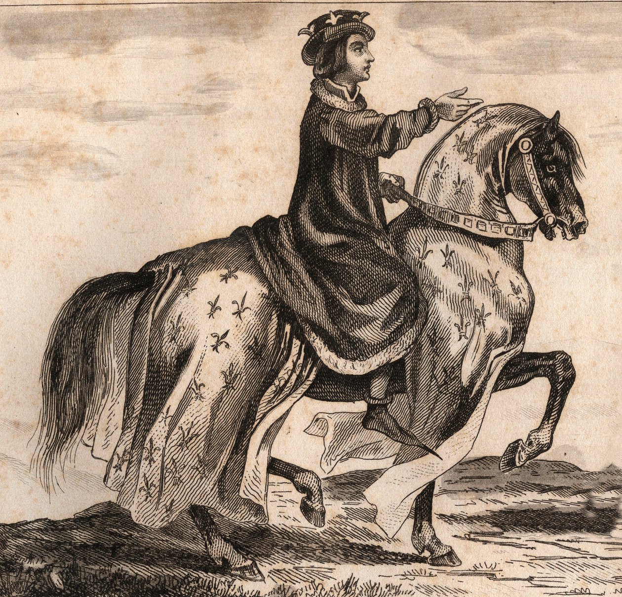 Retrato de Carlos IV, o Bel (1294-1328), Rei de França. Gravura de 1859 em "Le Monde. História de todos os povos desde os tempos mais remotos até aos nossos dias". por M. E. de Lostalot-Bachoue (Lostalot Bachoue). Coleção particular. de Anonymous Anonymous