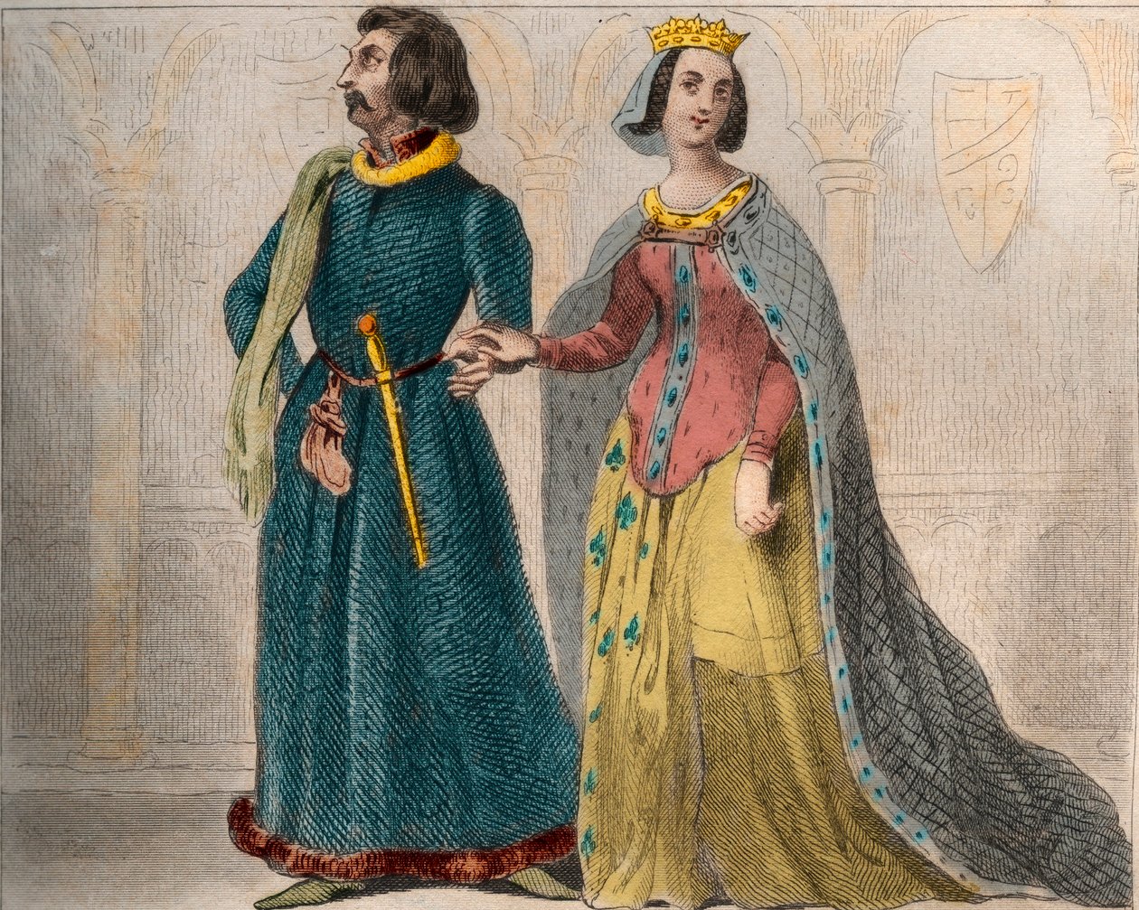 Retrato de Charlotte de Savoie (1441-1483) Rainha de França, com Luís XI de França, conhecido como o Prudente (1423-1483). Gravura de 1859 em "Le Monde. História de todos os povos desde os tempos mais remotos até aos nossos dias", de M. E. de Lostalot-Bach de Anonymous Anonymous