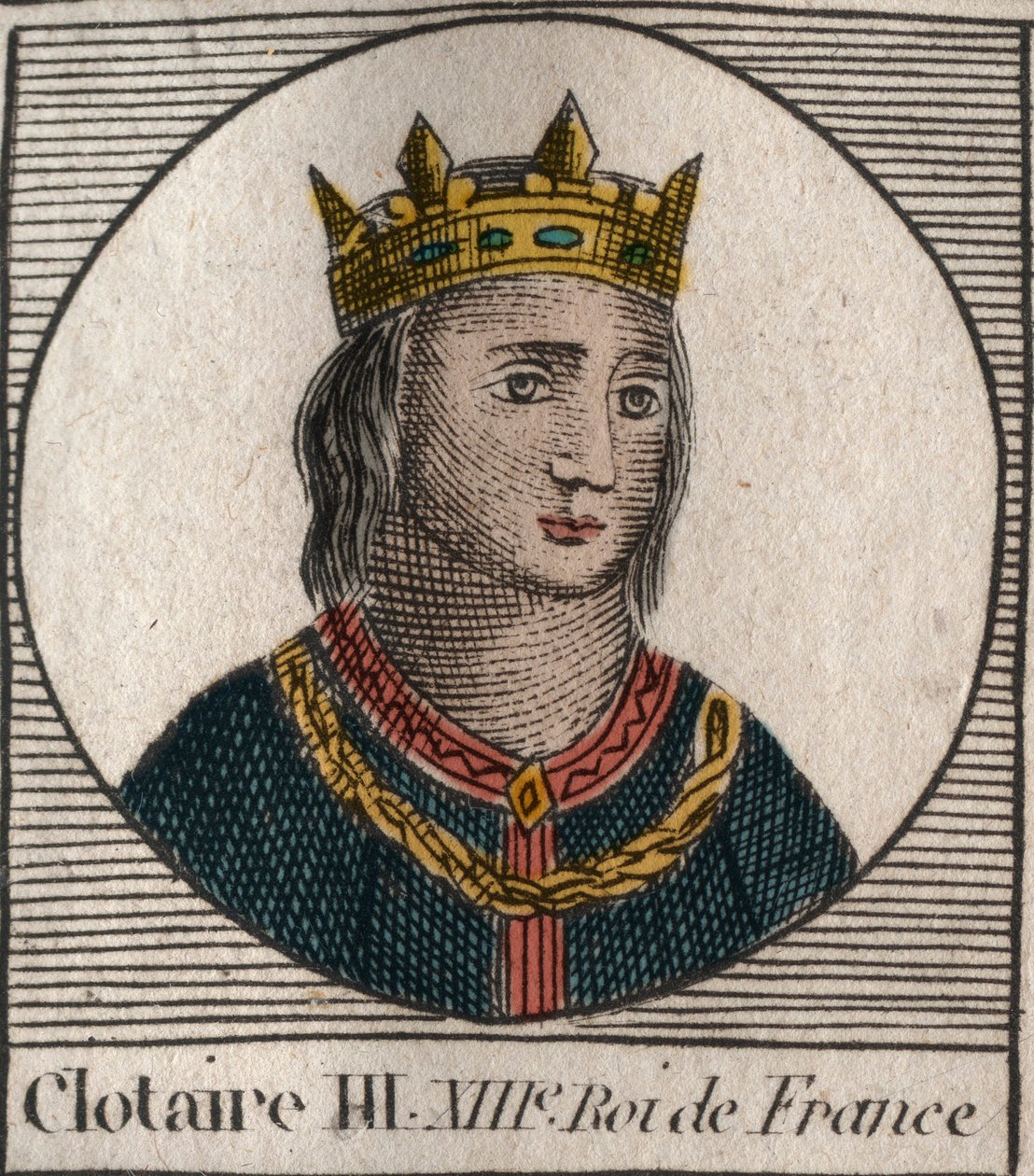 Retrato de Clothaire III (652 - 673), Rei de Neustria e Borgonha - Chlothar III ou Clotaire III, Rei dos Francos da casa dos Merovingianos - gravura de "Instruction sur l