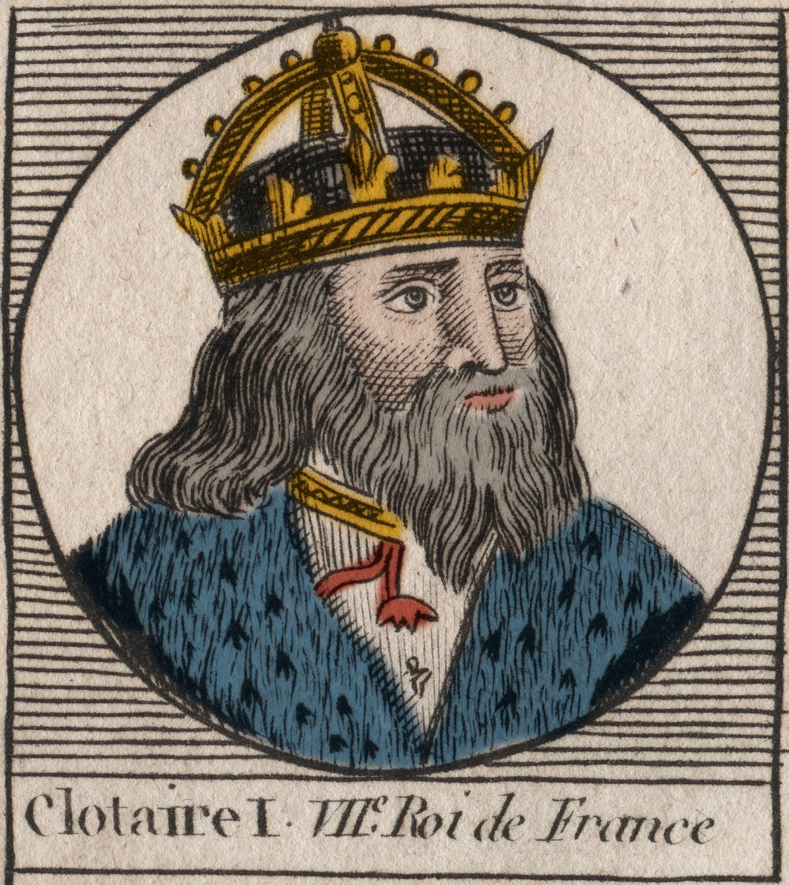 Retrato de Clothaire I (497 - 561), Rei da Neustria e Rei dos Francos - Clothar I, Rei dos Francos - gravura de "Instruction sur l