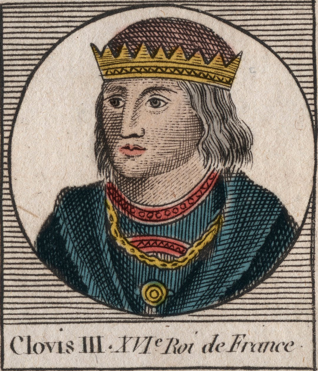 Retrato de Clóvis III, Rei dos Francos de 691 a 695 - CLOVIS III Merovingian King of Neustria e Austrasia - gravura de "Instruction sur l
