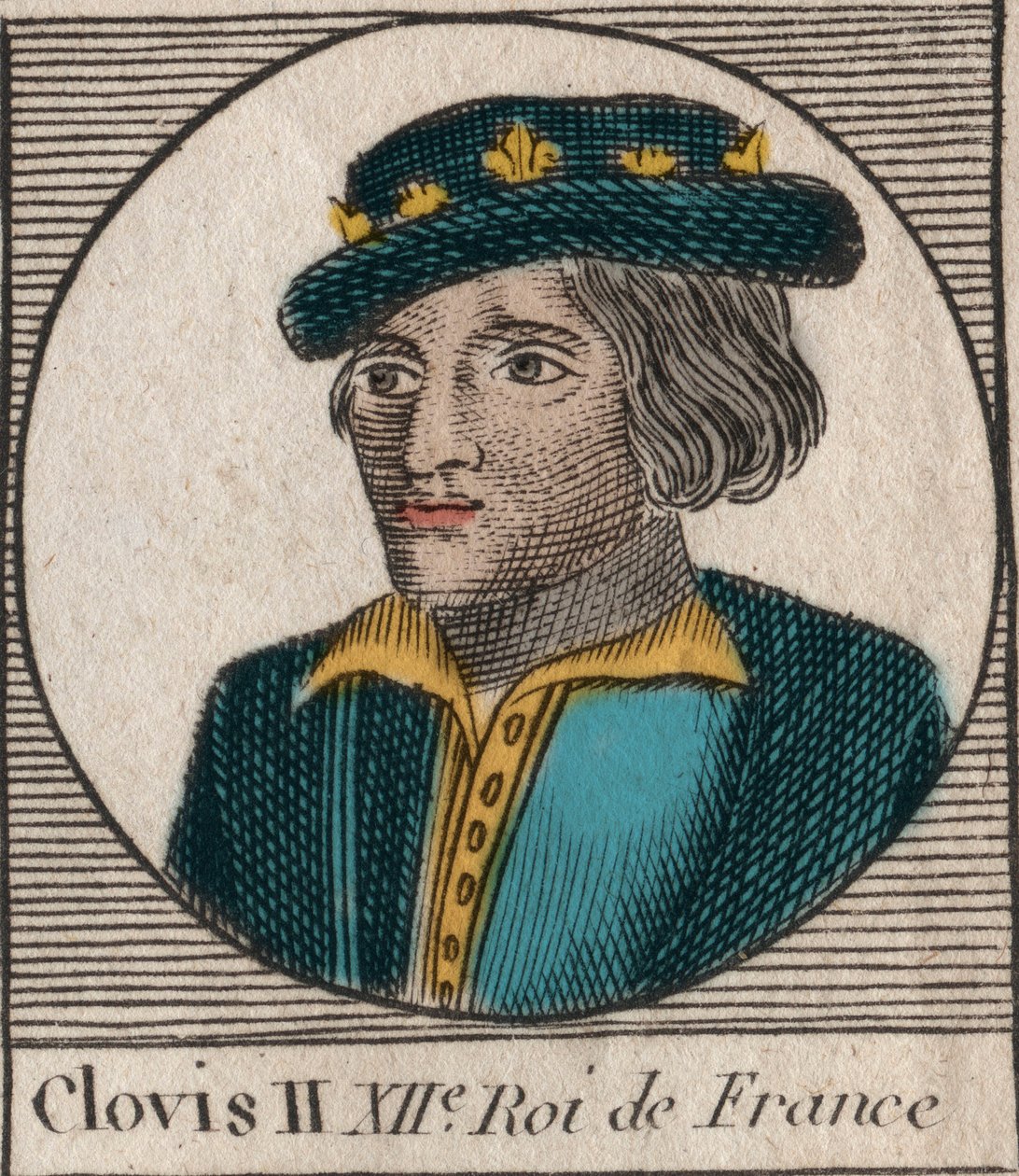 Retrato de Clovis II, Rei dos Francos (v.633-657) - Clovis II (c.634-657), Merovingian Frankish King of Neustria e Burgundy (639-657) - gravura de "Instruction sur l