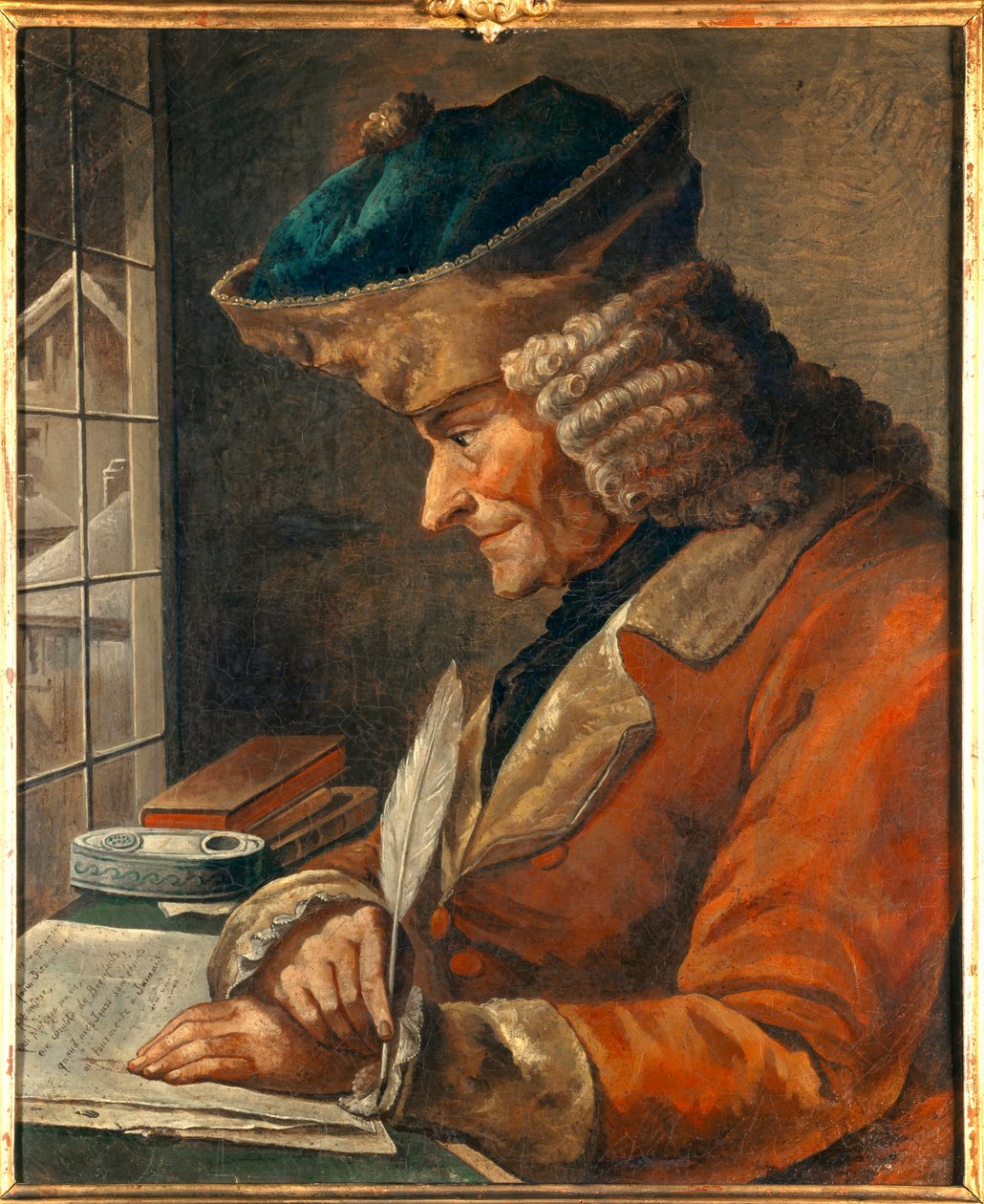 Retrato de François Marie Arouet Voltaire (1694-1778) no seu gabinete de trabalho Pintura do século XVIII. Dim. 0,43 x 0,35 m Paris, musee Carnavalet - Retrato de François Marie Arouet Voltaire (1694-1778) no seu gabinete de estudos. Pintura do 18º centro. de Anonymous Anonymous
