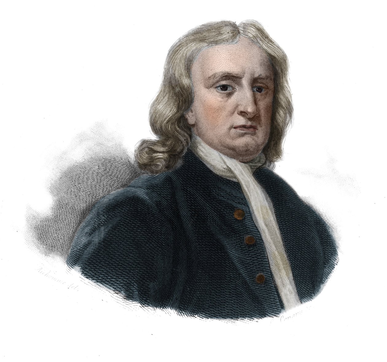 Retrato de Isaac Newton (1642 - 1727), filósofo e matemático em "Retratos e história de homens úteis: homens e mulheres de todos os países e condições, que adquiriram direitos ao reconhecimento dos homens" publicado e propágulos da Societe de Anonymous Anonymous