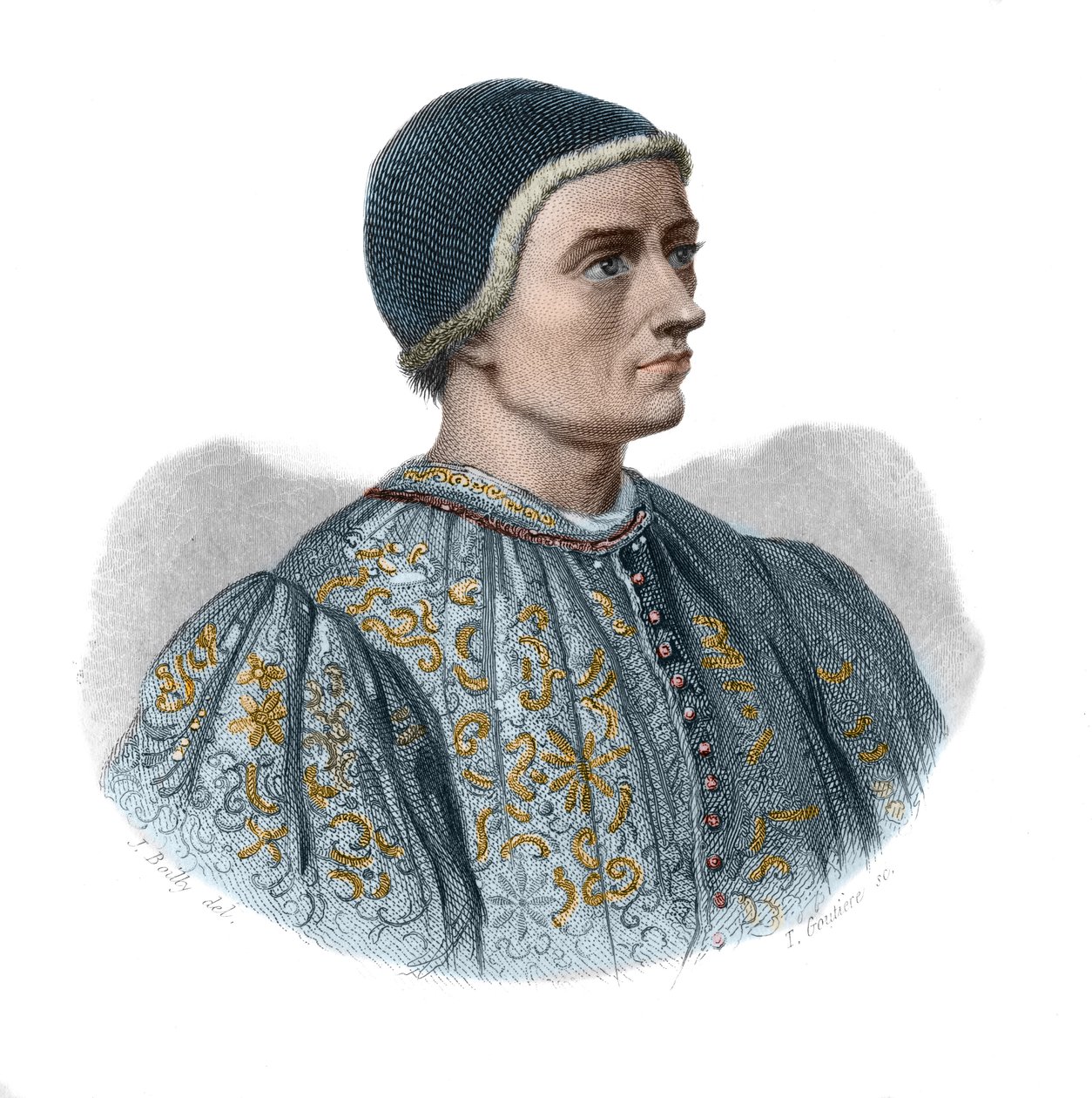 Retrato de Jacques Coeur (1395-1456), monetarista do Rei Carlos VII e empresário francês em "Retratos e história de homens úteis: homens e mulheres de todos os países e condições, que adquiriram direitos ao reconhecimento dos homens" publicado por de Anonymous Anonymous