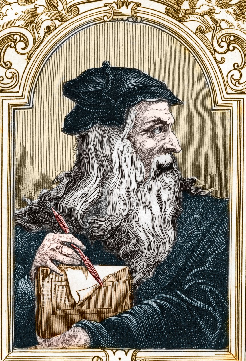 Retrato de Leonard de Vinci (Leonardo da Vinci) (1452-1519). gravura de 1859 em "as galerias da Europa - Itália" de Armandaud (gravura) de Anonymous Anonymous