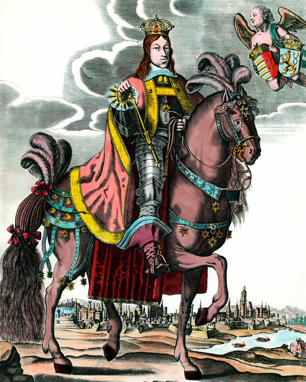 Retrato de Leopoldo I, Santo Imperador Romano - Retrato Equestre de Leopoldo I (1640 - 1705) Rei da Hungria, Boémia, Dalmácia, Croácia e Imperador Germânico. Gravura do século XVII. Coleção particular. de Anonymous Anonymous