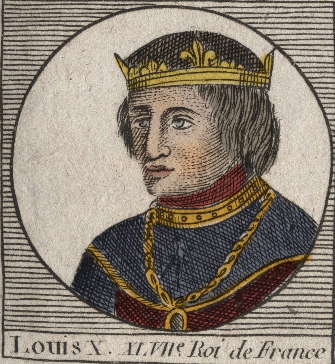 Retrato de Louis X le Hutin (1289 - 1316), Rei de França - Louis X (1289-1316) o Teimoso, Rei de França e Navarra - gravura de "Instruction sur l