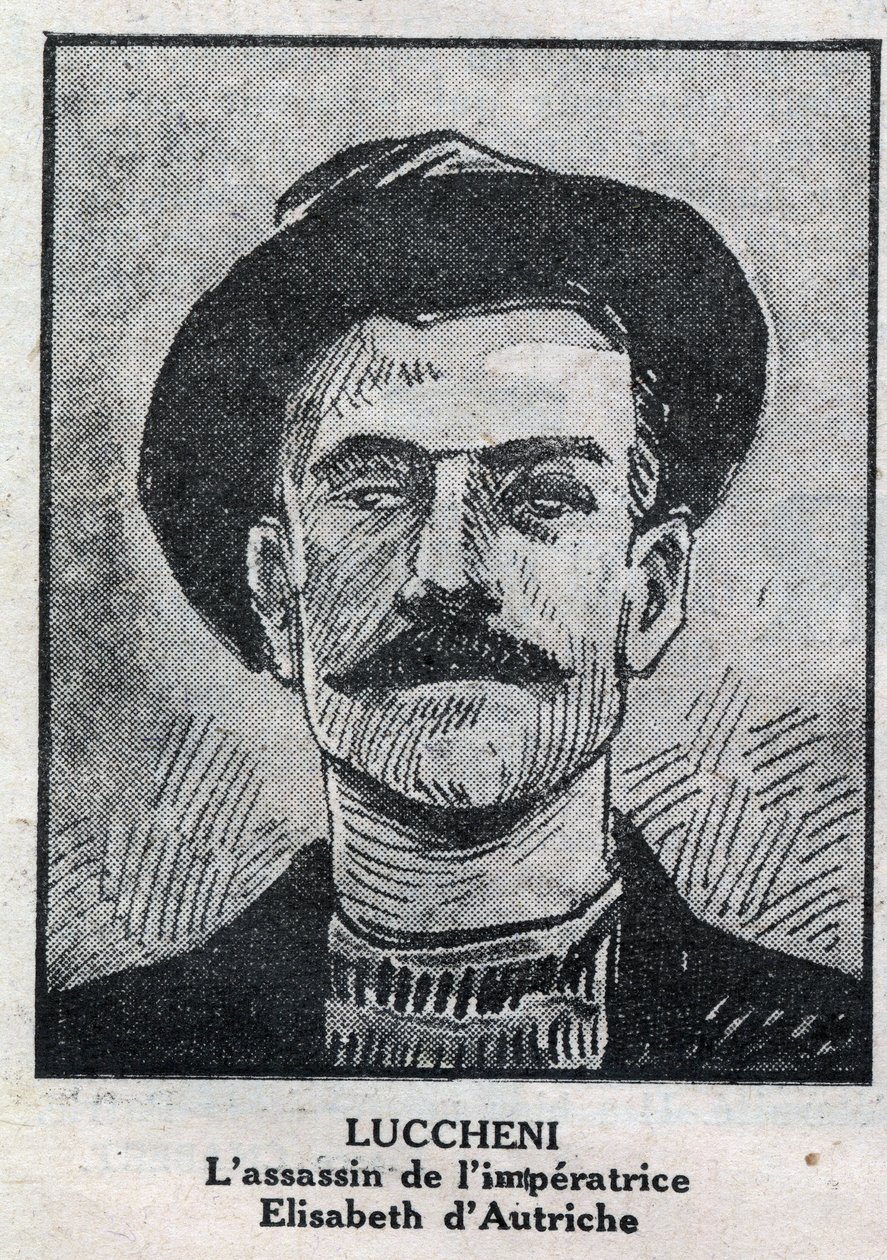 Retrato de Luigi Lucheni (1873-1910), anarquista italiano, assassino em 1898 de Elisabeth de Wittelsbach, uma Imperatriz da Áustria conhecida como Sissi. Gravura em "L
