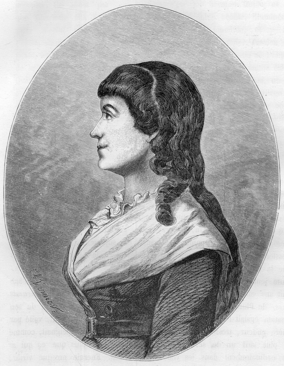 Retrato de Manon Roland, dit "Madame Roland" (1754-1793), nee Jeanne-Marie (Jeanne Marie) Philippon, esposa de Roland de La Platiere - Gravura de 1863 em "Le Livre Rouge - Histoire De L