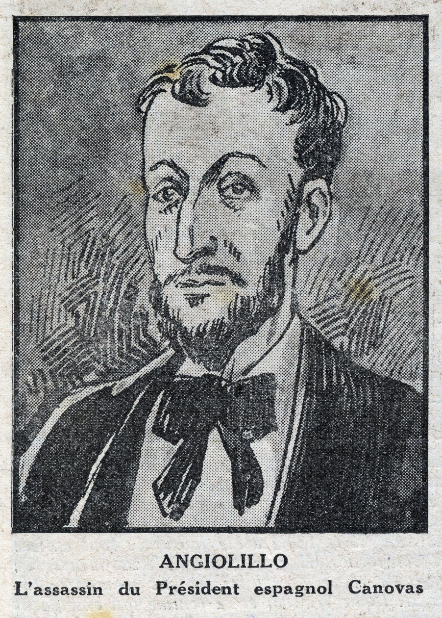 Retrato de Michele Angiolillo Lombardi dit Jose Sants ou Rinaldini, anarquista italiano (1871-1897) assassino do Presidente do Conselho Espanhol, Antonio Canovas del Castillo (1828-1897). Gravura em "L
