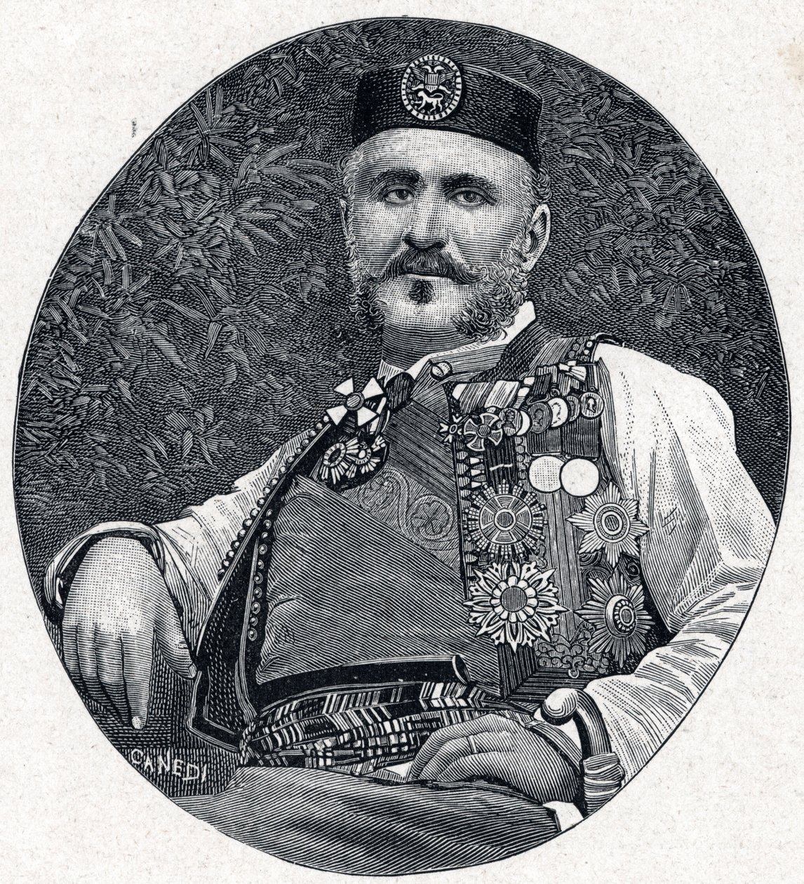 Retrato de Nicholas I de Montenegro (Nikola I Petrovic-Njegos) (Petrovic Njegos) (1841-1921), Príncipe de Montenegro e da Berda. Gravura em "Les Missions Catholiques au XIXeme Siecle", de Louis-Eugene (Louis Eugene) Louvet. coleção particular. de Anonymous Anonymous